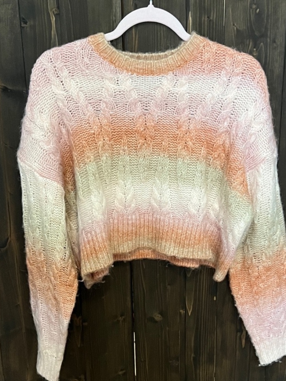 Cotton Candy LA Gradient Cable Knit Crewneck Sweater - Pink, Peach, Cream
